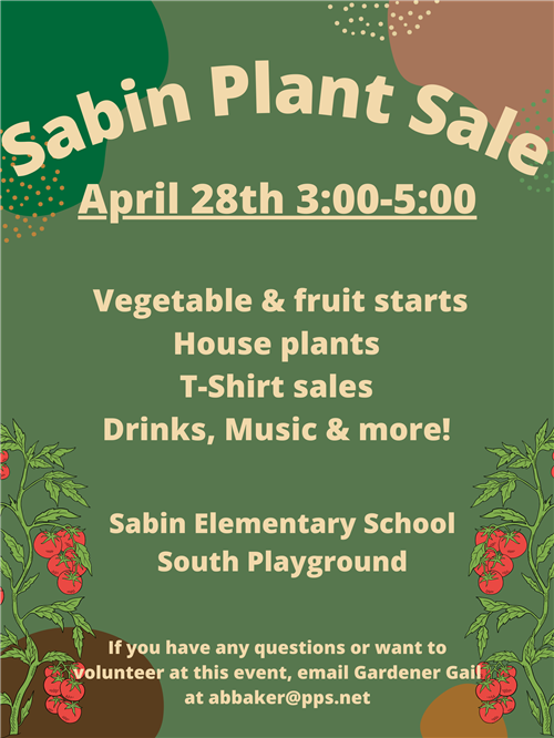 Green letter sized flyer. Text in cream in color and displays "Sabin Plant Sale, April 30th, 3-5
